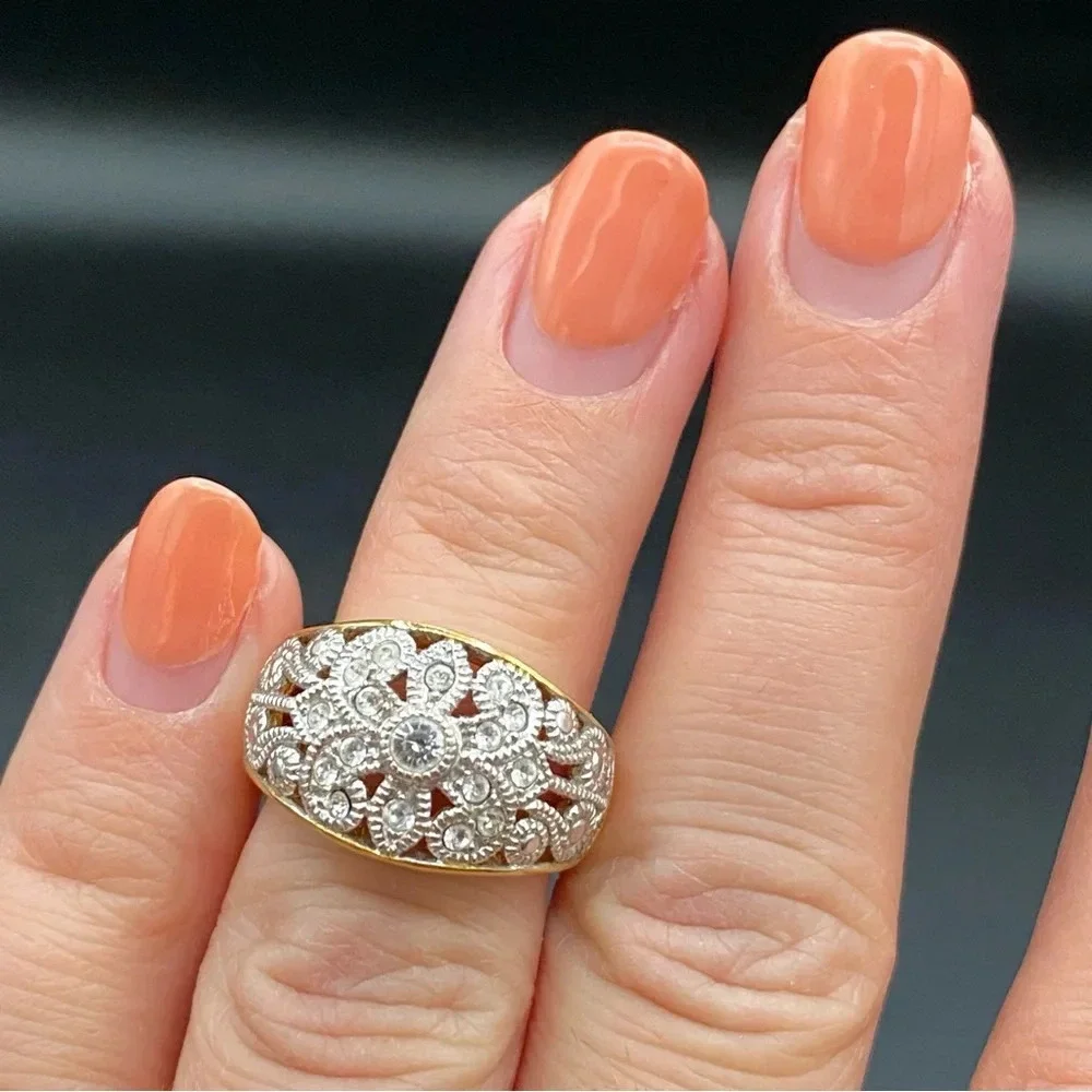 Vintage 90s Ornate Filigree Two-Tone Domed Cocktail Ring by Avon